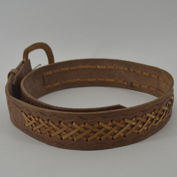 Western Leather Belt Tooled Stitched Brown Cowboy Size 28 - Picture 10 of 13